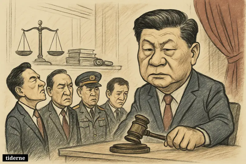 Xi Jinping presides sternly over four disgraced former Chinese elites in a formal hall with justice symbols and anti-corruption props.