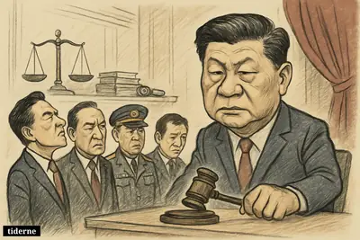 Xi Jinping presides sternly over four disgraced former Chinese elites in a formal hall with justice symbols and anti-corruption props.
