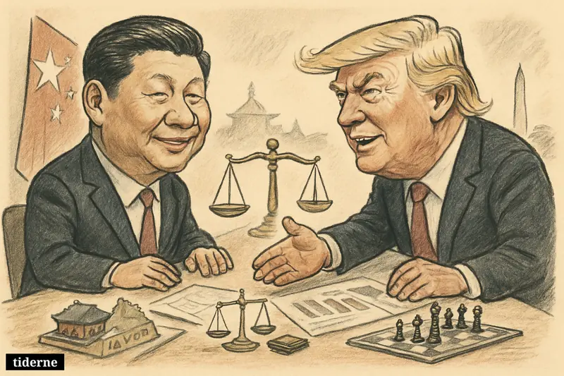 Caricature of Xi Jinping and Donald Trump meeting across a negotiation table with trade props, chessboard, Taiwan model, and split China-US backdrop.