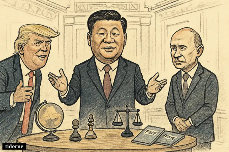 Xi Jinping dominates a Beijing summit hall, flanked by Donald Trump and a slightly diminished Vladimir Putin beside diplomatic and geopolitical props.