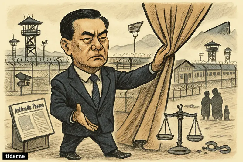 Caricature of Feng Tie trying to hide an active detention camp, with surveillance towers, fences, a newspaper, and distant Uyghur family silhouettes.