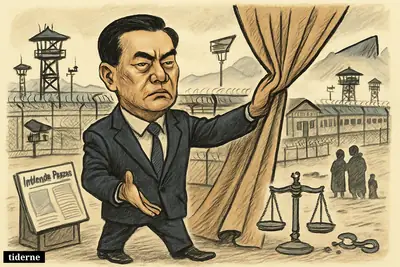 Caricature of Feng Tie trying to hide an active detention camp, with surveillance towers, fences, a newspaper, and distant Uyghur family silhouettes.