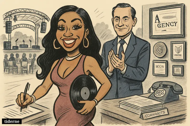 Yung Miami signs a representation deal in the foreground while Alex Blavatnik applauds near a park concert stage set for an awards gala. (AI-genereret illustration)