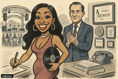 Yung Miami signs a representation deal in the foreground while Alex Blavatnik applauds near a park concert stage set for an awards gala. (AI-genereret illustration)