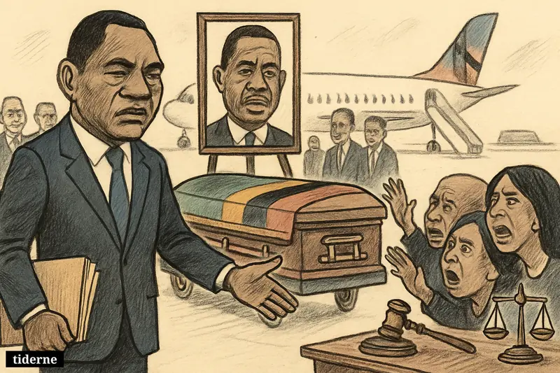 Hichilema oversees a coffin transfer at an airport while Lungu’s family protests nearby, with legal symbols and Lungu’s portrait framing the dispute.