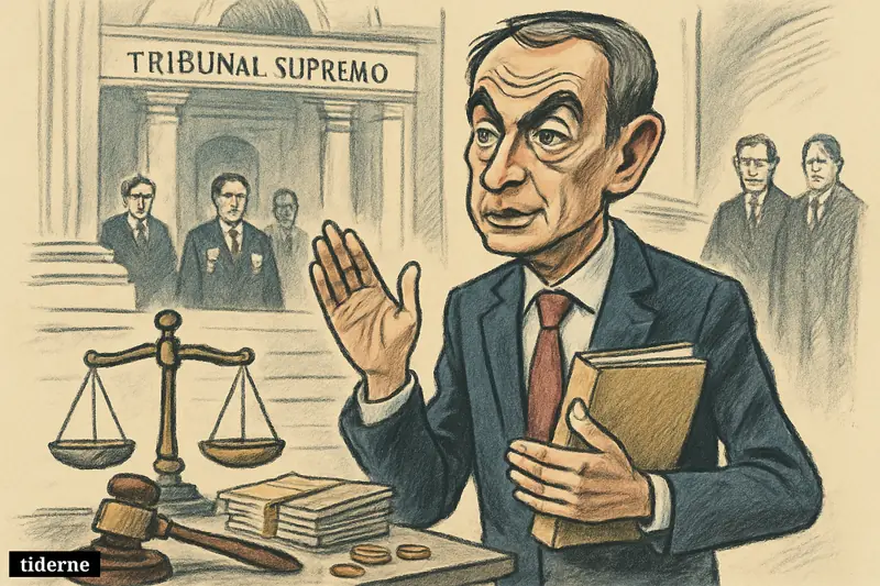 Caricature of José Luis Rodríguez Zapatero outside Spain’s supreme court, holding documents beside legal symbols, under scrutiny in a political corruption inquiry.