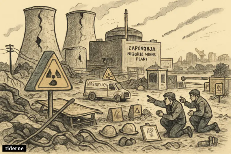 A caricature scene of a damaged nuclear plant yard with emergency responders, wrecked infrastructure, Energoatom vehicle, and distant signs of attacks near Odesa.