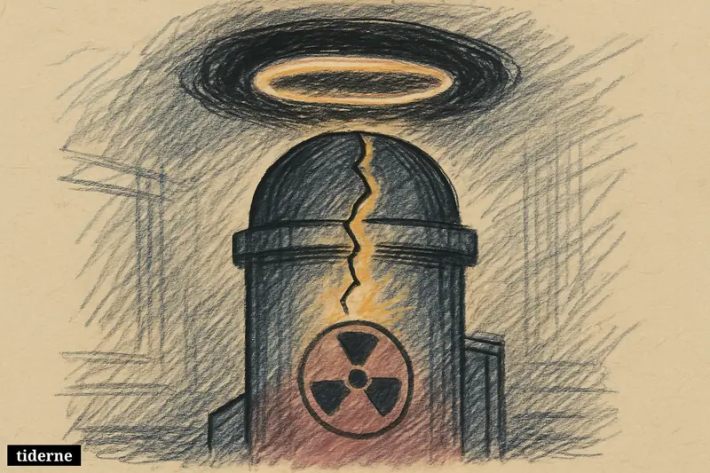 A glowing cracked reactor sphere under a dim red warning ring on a black smoky background