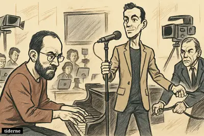 Caricature of Igor Levit at a piano and Danger Dan singing as a TV producer interrupts, while musicians continue online nearby. (AI-genereret illustration)