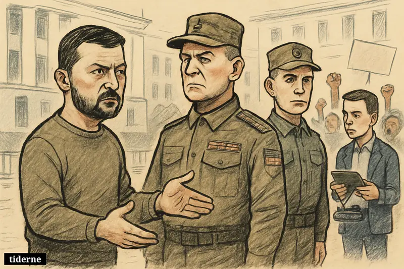 Zelenskyj replaces one general with another outside a government building as protesters behind them show support for Fedorov. (AI-genereret illustration)