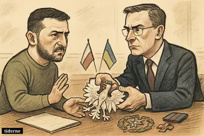 Zelensky and Karol Nawrocki confront each other across a table as a white eagle medal is pulled away during a diplomatic dispute.