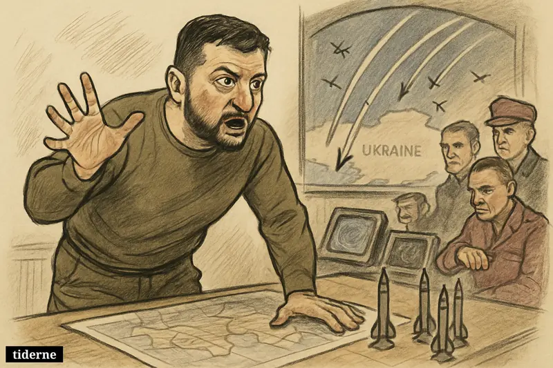 Caricature of Zelenskyj in a war room urgently warning over an incoming hypersonic missile as officers and air-defense displays surround him.