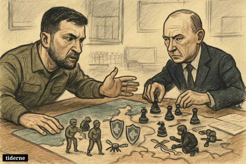 Zelenskyj warns across a war-room map while Putin plots hybrid pressure on the Baltics with chess pieces, drones, and sabotage symbols.
