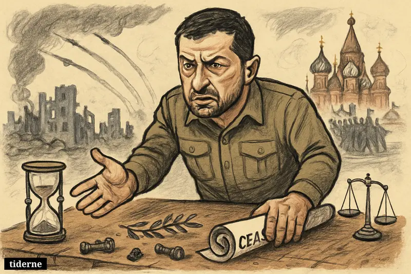 Caricature of Volodymyr Zelenskyj confronting a dubious ceasefire at a scarred table, with war damage on one side and distant Moscow symbols on the other.