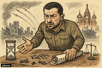Caricature of Volodymyr Zelenskyj confronting a dubious ceasefire at a scarred table, with war damage on one side and distant Moscow symbols on the other.