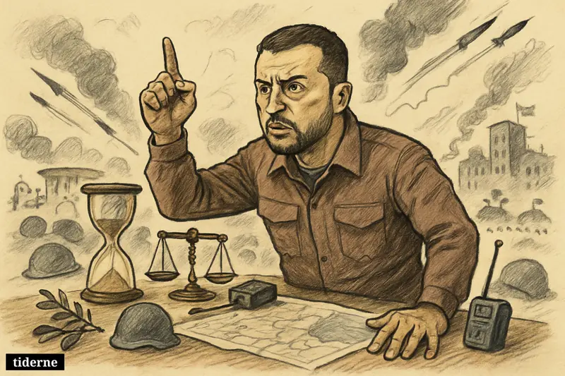 Caricature of Volodymyr Zelenskyj at a war table, gesturing angrily as explosions continue behind him despite a supposed ceasefire.