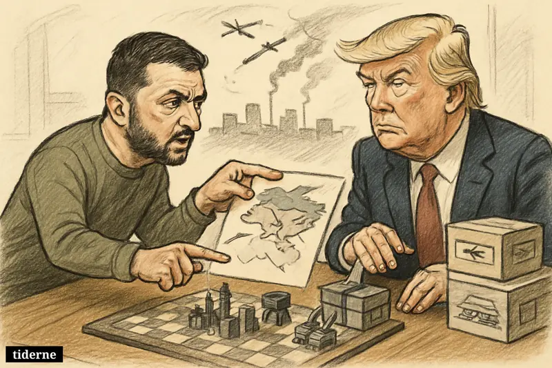 Zelenskyj urgently confronts Trump across a desk, pleading for air defenses as missiles, drones, and threatened Ukrainian cities fill the scene.