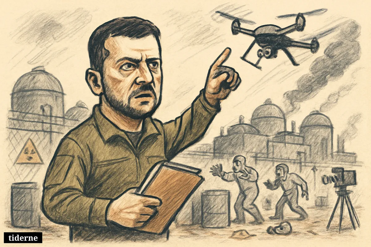Zelenskyj points at a descending drone near a damaged nuclear storage site while technicians in protective suits react behind him.