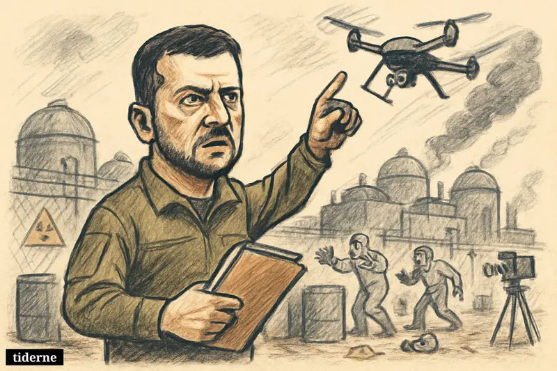 Zelenskyj points at a descending drone near a damaged nuclear storage site while technicians in protective suits react behind him.