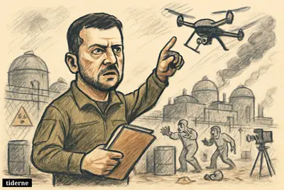Zelenskyj points at a descending drone near a damaged nuclear storage site while technicians in protective suits react behind him.