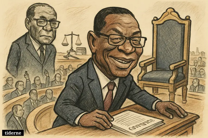 Mnangagwa reaches for an oversized presidential chair in parliament while Mugabe’s looming figure watches over lawmakers and legal symbols.