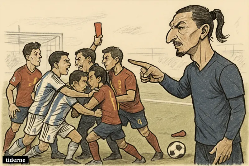 Zlatan admonishes players as Spain and Argentina footballers clash on the pitch after a chaotic World Cup final. (AI-genereret illustration)