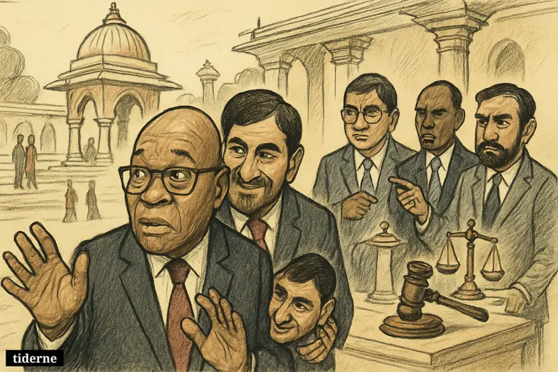Caricature of Jacob Zuma and Ajay Gupta at a temple, watched by Gupta relatives and South African officials suggesting an investigation.