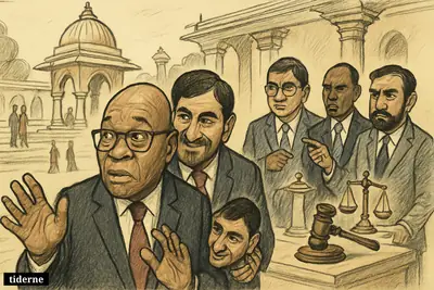 Caricature of Jacob Zuma and Ajay Gupta at a temple, watched by Gupta relatives and South African officials suggesting an investigation.