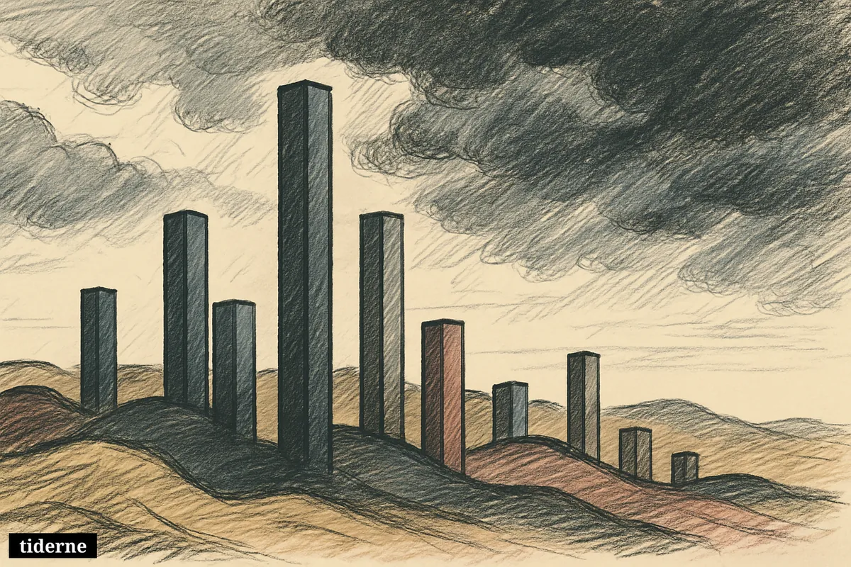 Mørk panoramisk skyline af industrielle søjler, hvor nogle rejser sig højt og andre synker under tunge skyer.