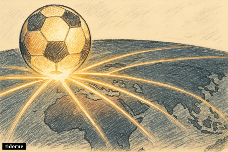 En lysende fodboldklode deler sig i mange oplyste baner over en mørk horisont og symboliserer VM 2026s udvidede globale format.